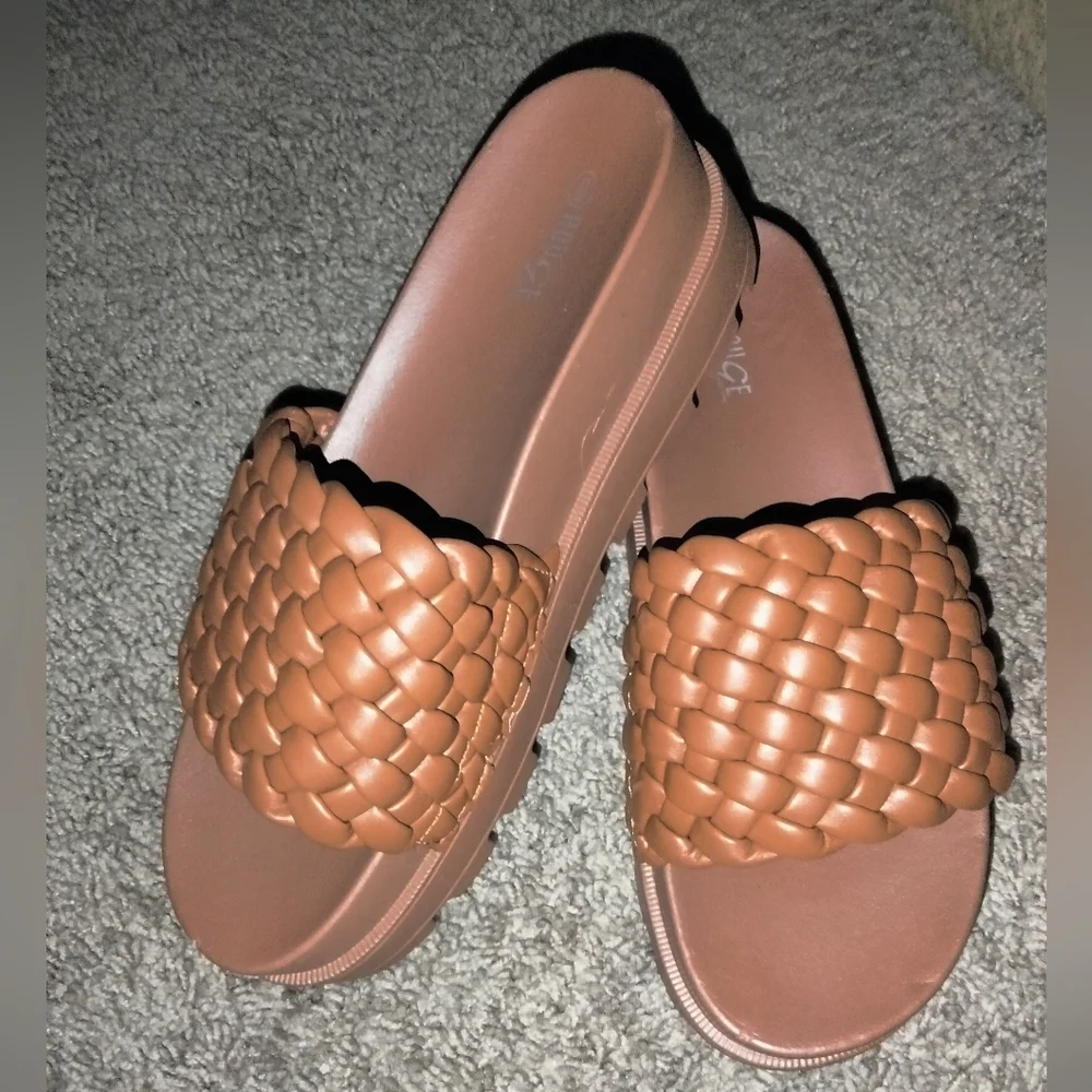Rouge (Size 9) Camel Brown Faux Leather Braided Weave Platform Slip-on Sandals